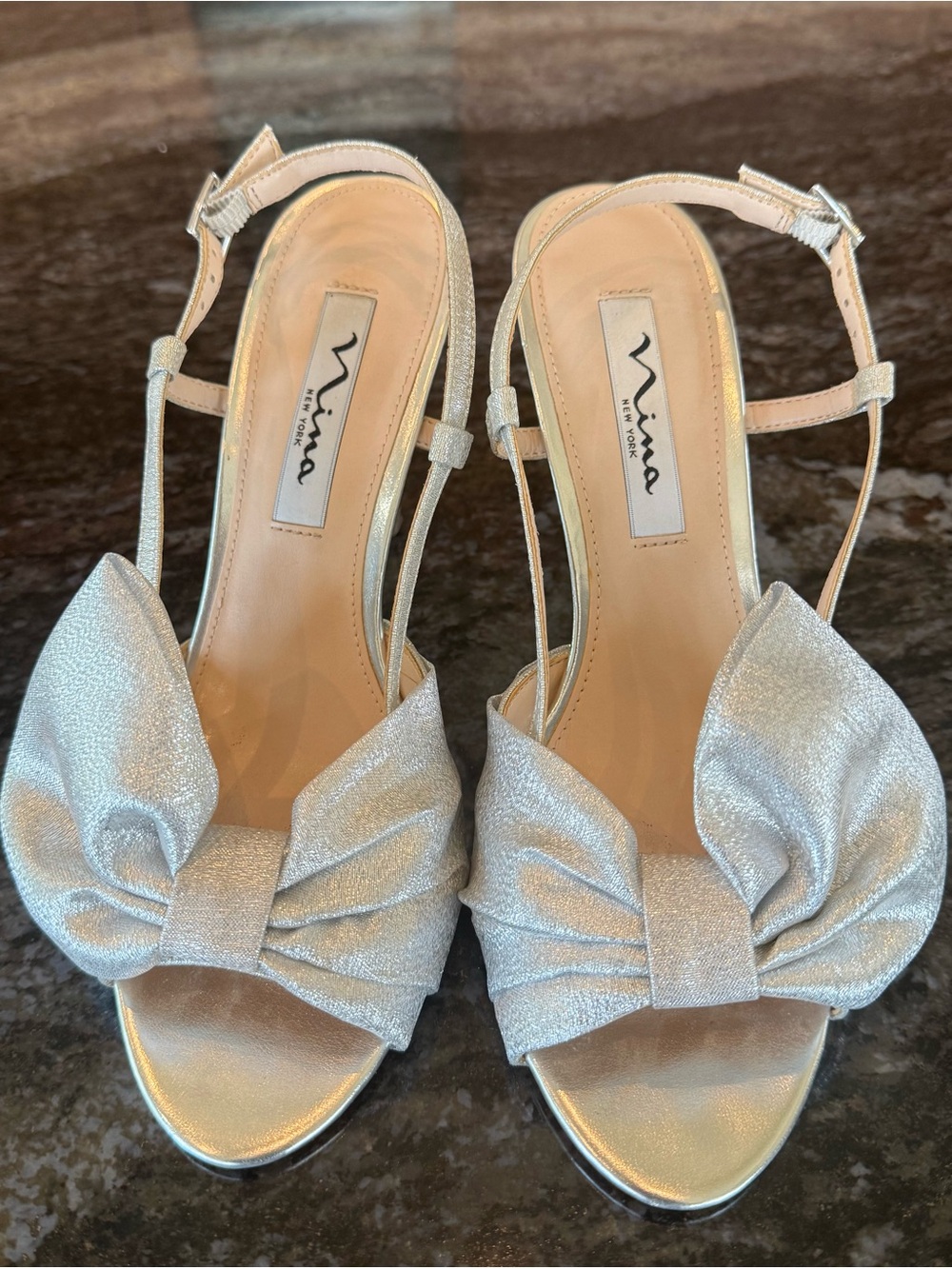 Nina Silver Bow Open-Toe Slingback Heels